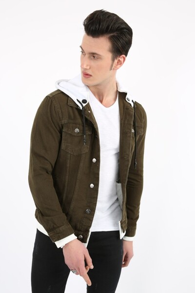 Giyimodam Hooded Men's Sports Casual Denim Jacket with Buttoned Bottom Opening