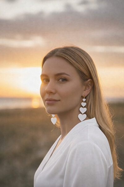 1PARÇAMAVİ White Heart Long Clip-On Clip Hole No Need Women's Earrings