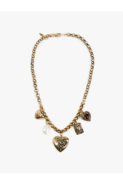 Koton İnci ve Kalp Charmlı Çelik Karışımlı Zincir Kolye - X Melis Ağazat