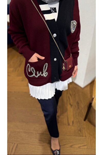 LUMİ Atelier Women's Burgundy Black Stone Embroidered Pocketed Buttoned Knitw...