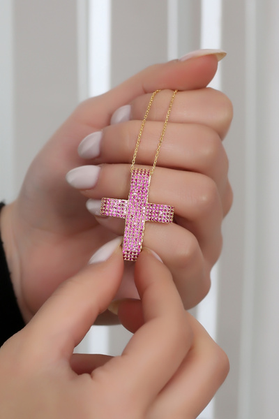 LİNOVE JEWELLERY 925 Ayar Gümüş Haç Kolye, Kırmızı Taşlı Gümüş Gold Kaplama H...