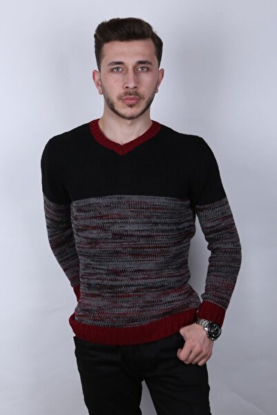buğrahayalin Patterned Two Color V-Neck Men's Casual Knitwear Sweater