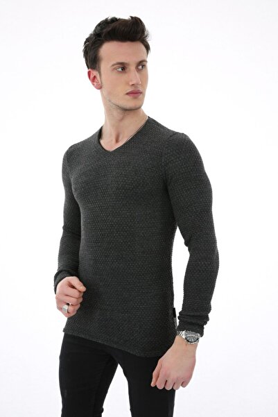 buğrahayalin Plain Embossed Patterned V-Neck Men's Casual Knitwear Sweater