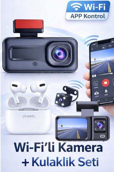 Zineets Wifi 1080p Araç içi 3 Kameralı Lcd Ekranlı Gece Görüşlü Kamera + Pro ...