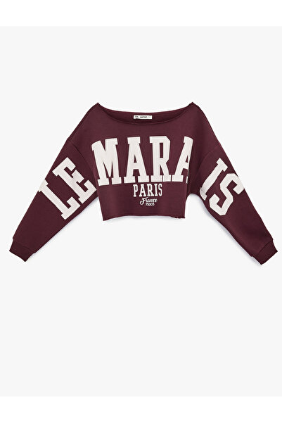 Koton Long Sleeve Boat Neck Printed Crop Oversized Sweatshirt