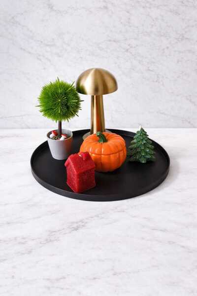 MK Ambalaj Decorative Round Tray 25 cm (Plastic Tray) Black