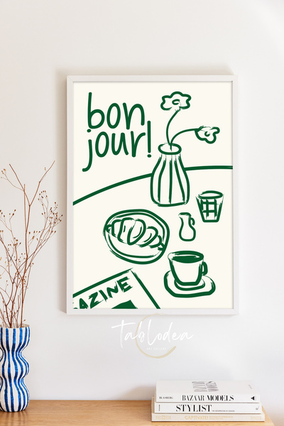tablodea Pinterest Bonjour Croissant scris cu cafea Ilustrație Cafenea Decor ...