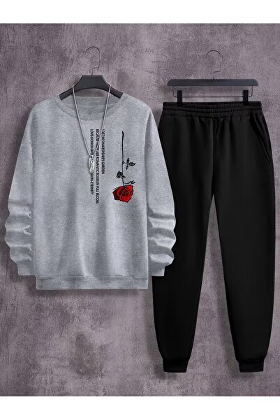 Massgai Unisex Rose Flower Printed Crew Neck Oversized Bottom-Top Jogger Cott...