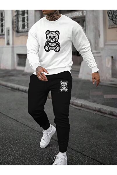 Massgai Unisex Bear Printed Crew Neck Oversized Bottom-Top Jogger Cotton Trac...