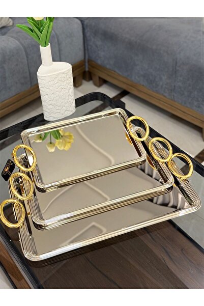 aljahwari 3-piece serving tray set with gold handle