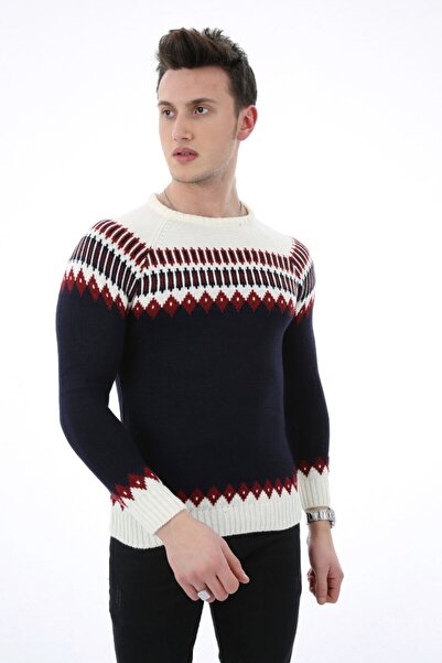 buğrahayalin Patterned Navy Blue Thick Winter Men's Casual Knit Sweater