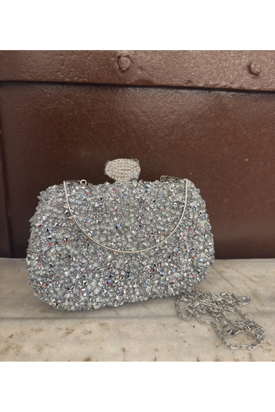 Millacom Women's Silver Stone Evening Dress Handbag – Chain Strap, Crystal Detailing