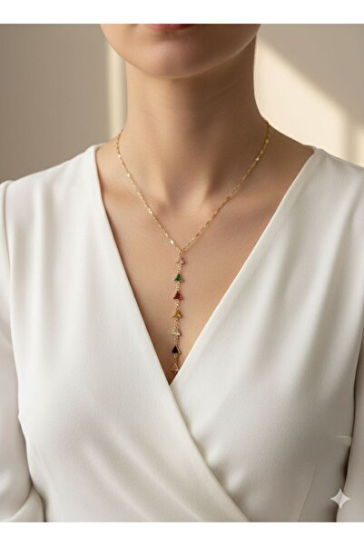 stainles steel Gold Renk Çelik Y Kolye Renkli Üçgen Taşlı Yeni Sezon Kolye