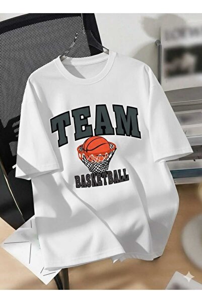 CLASSY.MODA Tricou oversize unisex cu imprimeu cu model de coș și minge de ba...