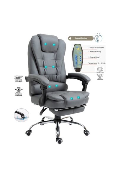 Mobplayers Scaun de birou Brandon-Max V.2, Gri, Masaj si Incalzire lombar in ...