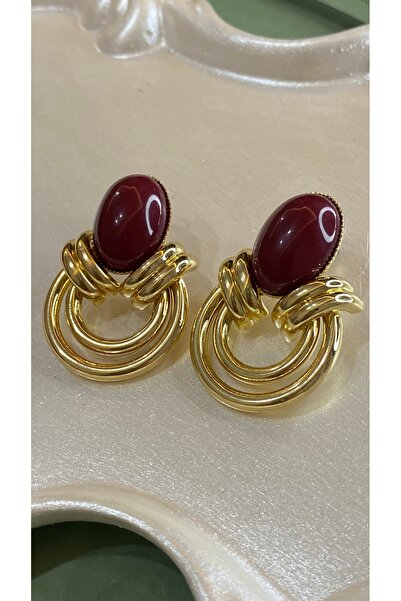 SELUVİA Vintage Bordo Gold VIP Kadın Çelik Küpe – Şık ve Dayanıklı Tasarım