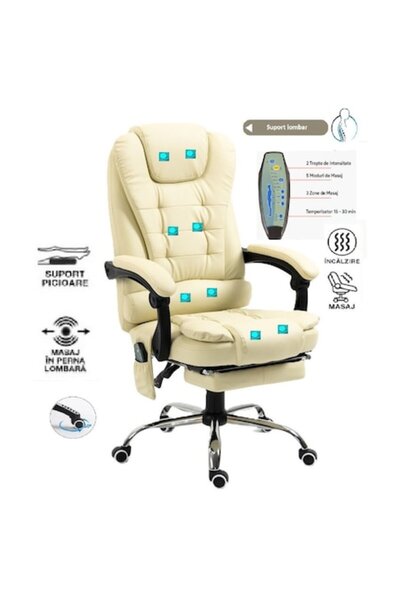 Mobplayers Scaun de birou Brandon-Max V.2, Crem, Masaj si Incalzire lombar in...