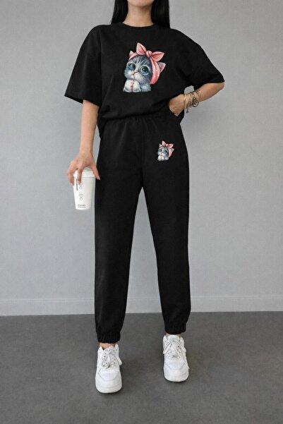 zeag طقم تي شيرت رياضي نسائي مطبوع عليه قطة