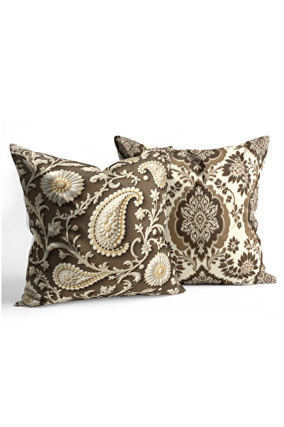 CANİLA Shawl Patterned Classic Damask Motif Brown Throw Pillow Cover 43 X 43 ...