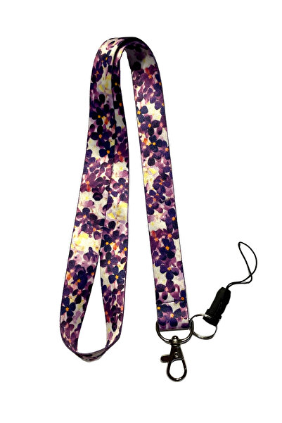StormiStoretr Mor Leylak Çiçek Desenli Boyun İpi Lanyard – Kartlık & Anahtarl...
