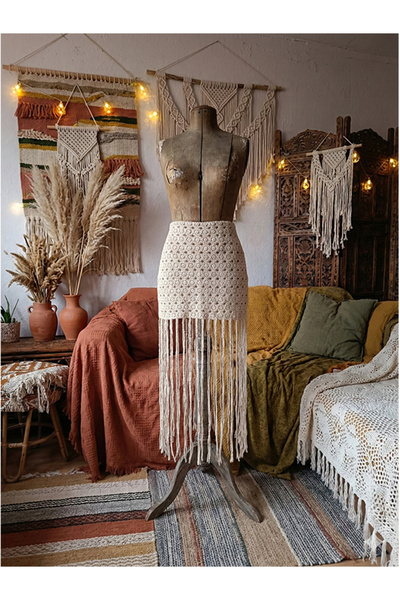 Namaste Vintage Beige Color Woven Bohemian Tassels Short Skirt