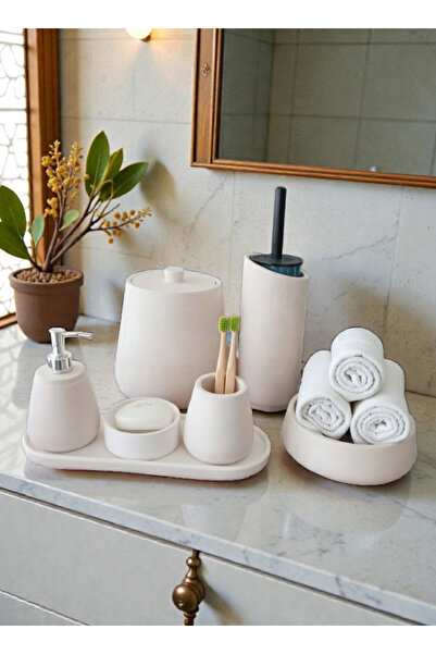 Trust Stone Beyaz Beton Banyo Seti, Sıvı Sabunluk, Diş Fırçalik , Tuvalet Fır...
