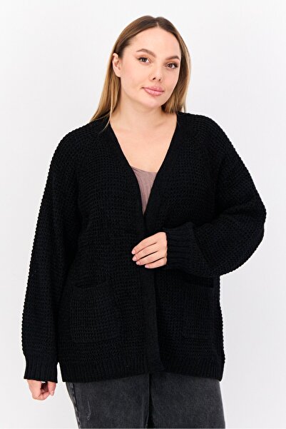 89th + Madison Women Split Neck Long Sleeves Knitted Cardigans, Black