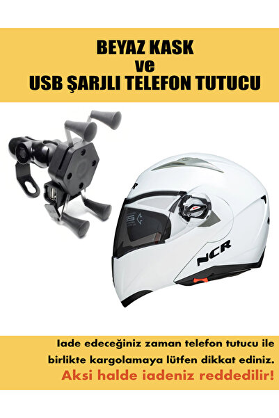 NCR ÇENE AÇILIR KASK BEYAZ ve USB ŞARJLI TELEFON TUTUCU