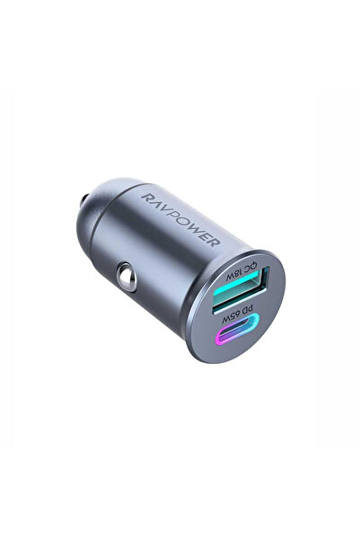 RavPower شاحن سيارة راف بور ميني بقوة 65 واط بمنفذ تايب سي ومنفذ يو اس بي - اسود