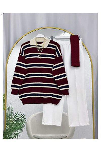 ÇALIŞKAN MODA Polo Neck Striped Casual Knit Tunic [78 cm Medium, Price Includ...