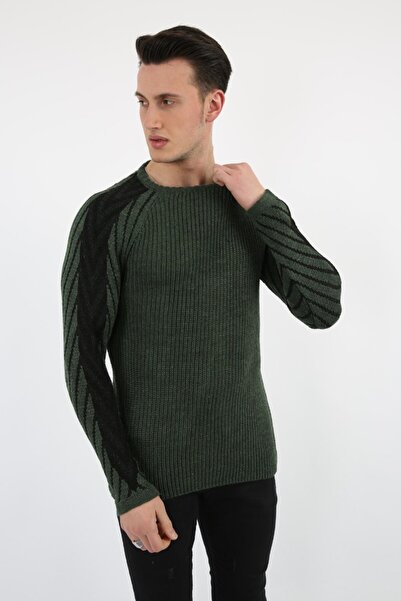 buğrahayalin Men's Khaki Sleeve Striped Thick Winter Casual Knit Sweater