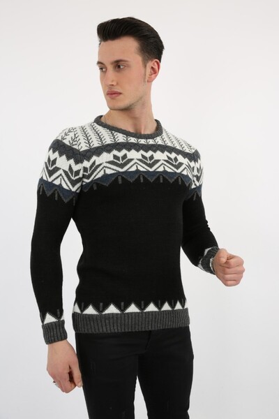 buğrahayalin Patterned Black Thick Winter Casual Knit Sweater