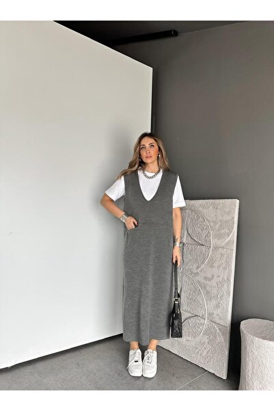 Zerrincan Giyim Gri Cepli Marka Model Triko Elbise