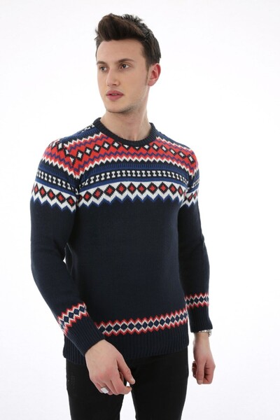 buğrahayalin Patterned Navy Blue Thick Winter Casual Knit Sweater