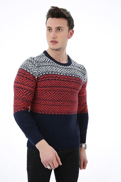 buğrahayalin Kilim Patterned Burgundy Thick Winter Casual Knit Sweater