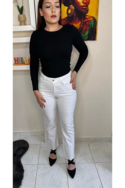 N.INF BUTİK Beyaz Damalı Yüksek Bel Cigarette Kot (Denim) Pantolon