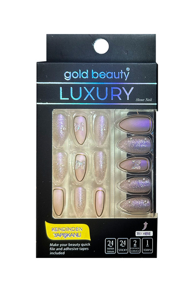 Gold Beauty Taşlı Özel Tasarım Takma Tırnak 24 Adet Jel Tırnak