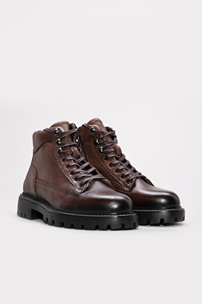 TUGERDİ Brown Fur Inside Genuine Leather Lace-Up Zippered Rubber Sole Men's B...