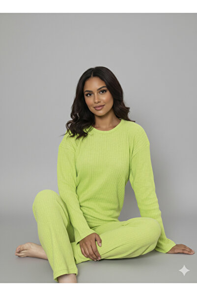 CİCİ GİYİM Pamuklu Kalın Kışlık İnterlok Şeritli Uzun Kollu Örme Pijama Takımı