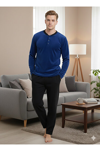 Sude HOMEWEAR Men's Fleece Pajama Set Button Front Bottom Black Color Top Blu...