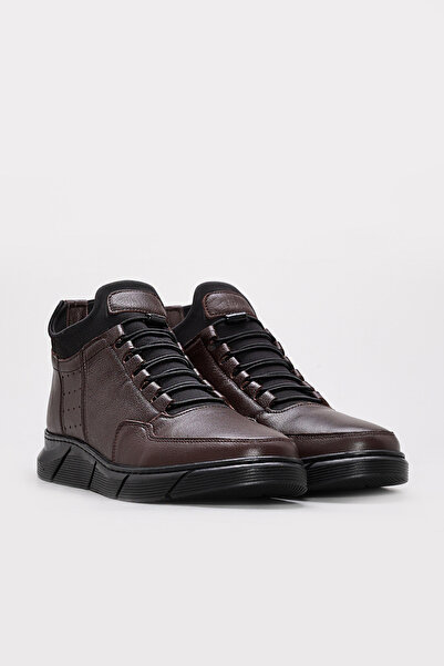 TUGERDİ Brown Fur Inside Genuine Leather Lace-Up Rubber Sole Men's Sports Boo...