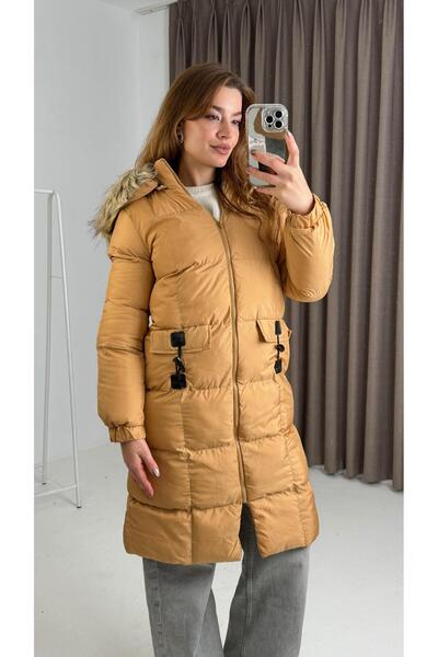 Raneel Kazançlı Alışveriş Hooded Long Pocket Hat Zippered Puffer Coat Mink