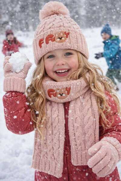 Recos طقم قفازات وقبعة وشاح للأطفال من الصوف الداخلي