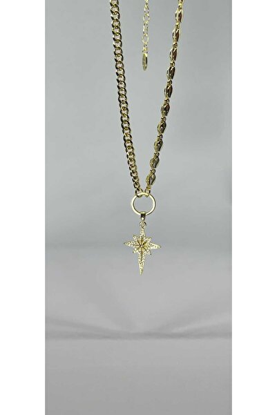 Zenska Jewelry Gold Renk Kuzey Yıldızı Figürlü Çift Zincir Kadın Kolye Parlak...