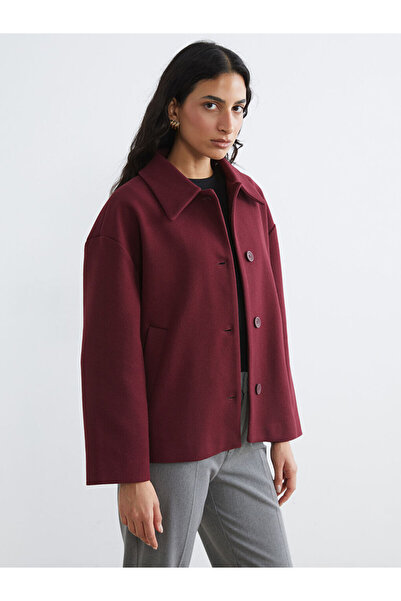 LC Waikiki Burgundy Shirt Collar Oversized Women's Cashmere Coat