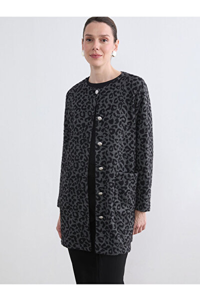 LC Waikiki Cardigan negru guler rotund imprimeu leopard pentru femei