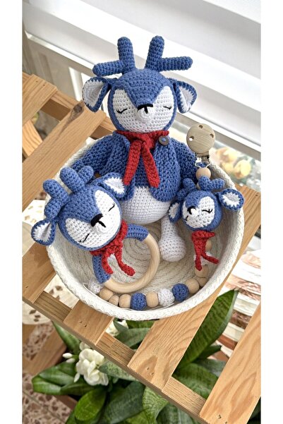 Happy Moon El örgüsü bebek hediye sepeti geyik uyku arkadaşı çıngırak diş kaş...