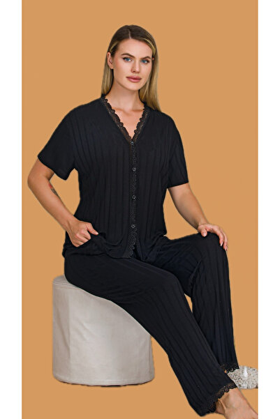 Lady Black Lace Buttoned Short Sleeve Self Patterned Pajama Set