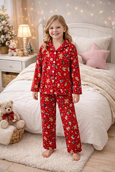 TİNY GOLDEN Girl's Cotton Suede Fabric Winter Themed Sleepwear Set with Glass...