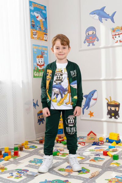 ALYAKİDS Boys' 3-Piece Set Short Sleeve T-Shirt Zippered Cardigan Combed Cott...